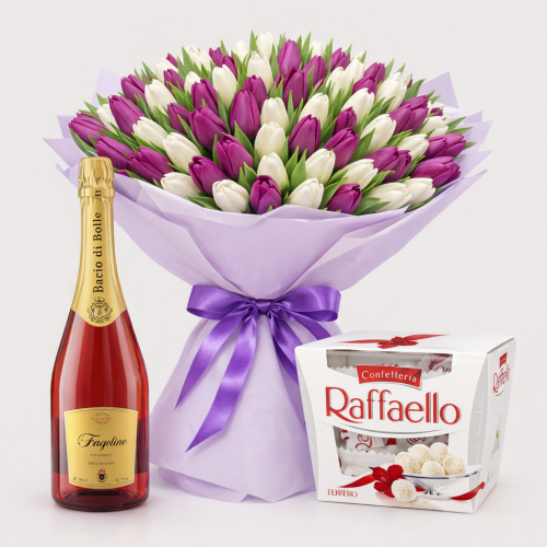 set-cadou-romantic-buchet-de-lalele-raffaello-si-vin-spumant